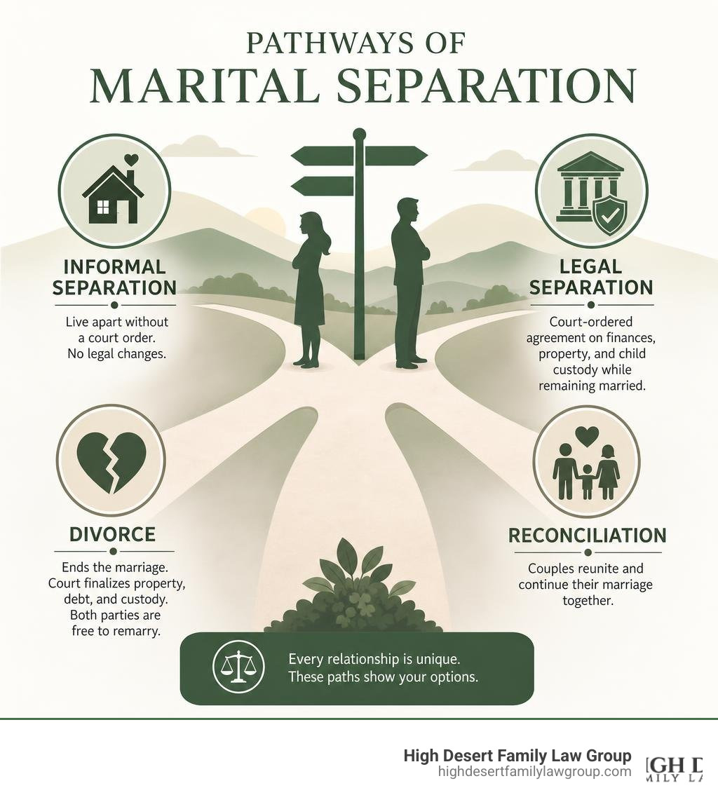 Infographic showing pathways of marital separation: informal separation, legal separation, divorce, and reconciliation