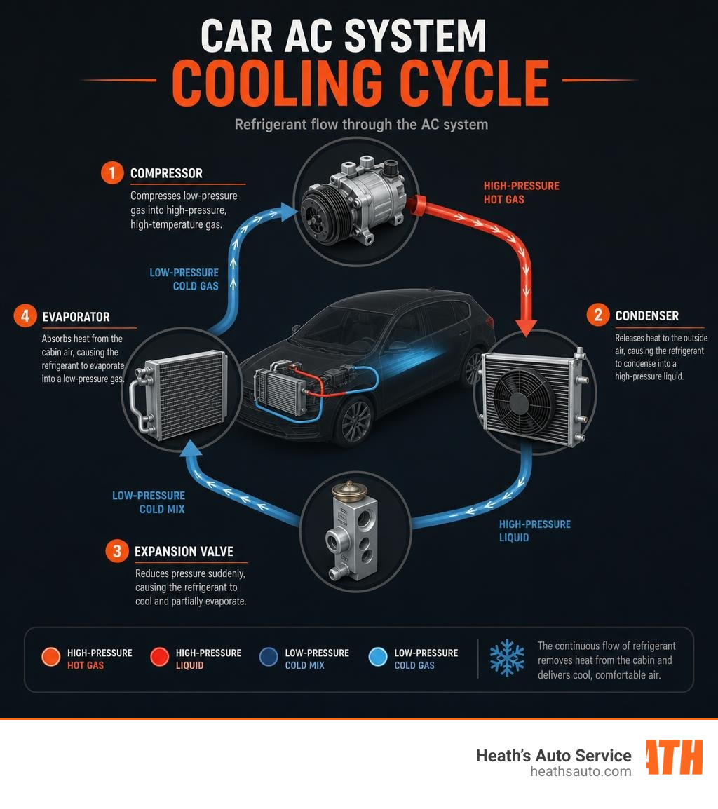 Car AC system cooling cycle infographic showing refrigerant flow through compressor, condenser, expansion valve, and