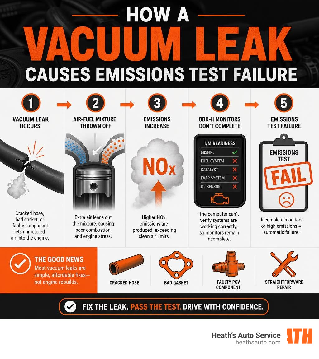 How a vacuum leak causes emissions test failure — infographic infographic