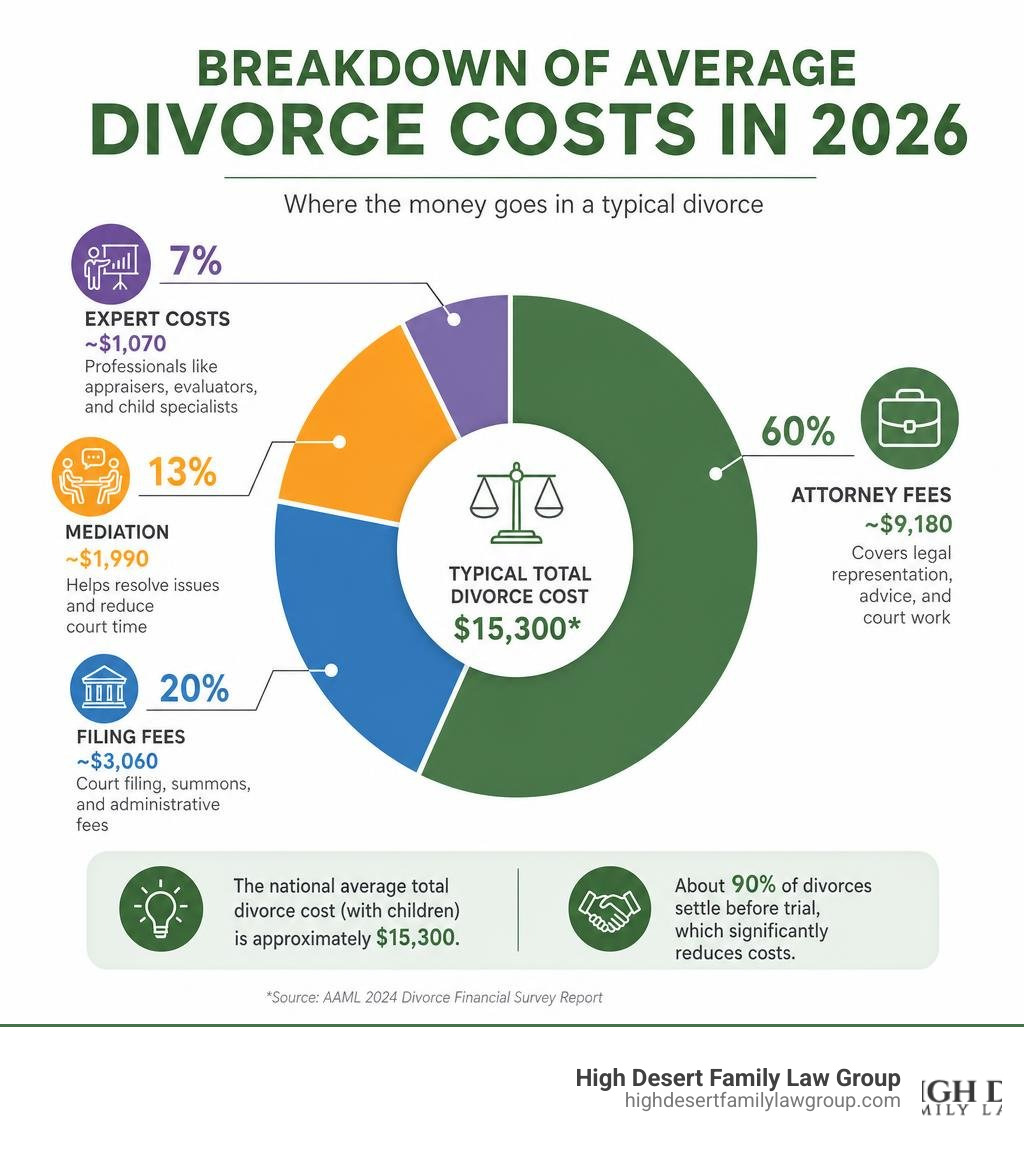 Breakdown of average divorce costs in 2026 including attorney fees, filing fees, mediation, and expert costs infographic