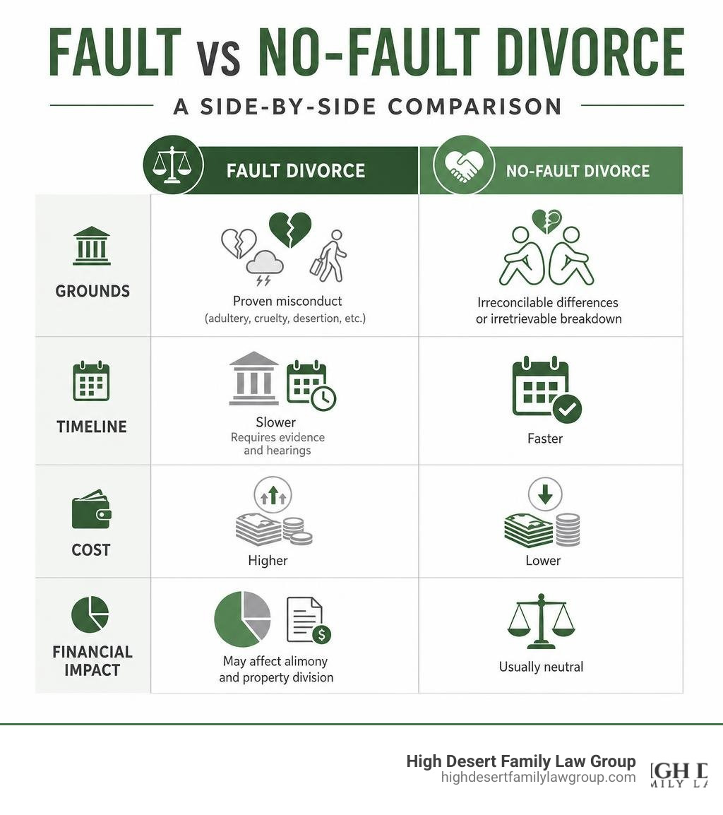 Comparison infographic: fault vs no-fault divorce — grounds, timeline, cost, and financial impact infographic