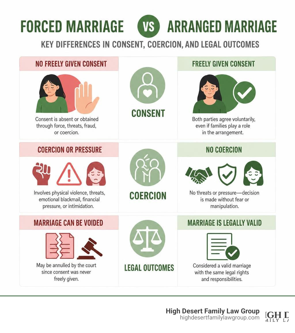 Infographic comparing forced marriage vs arranged marriage: key differences in consent, coercion, and legal outcomes