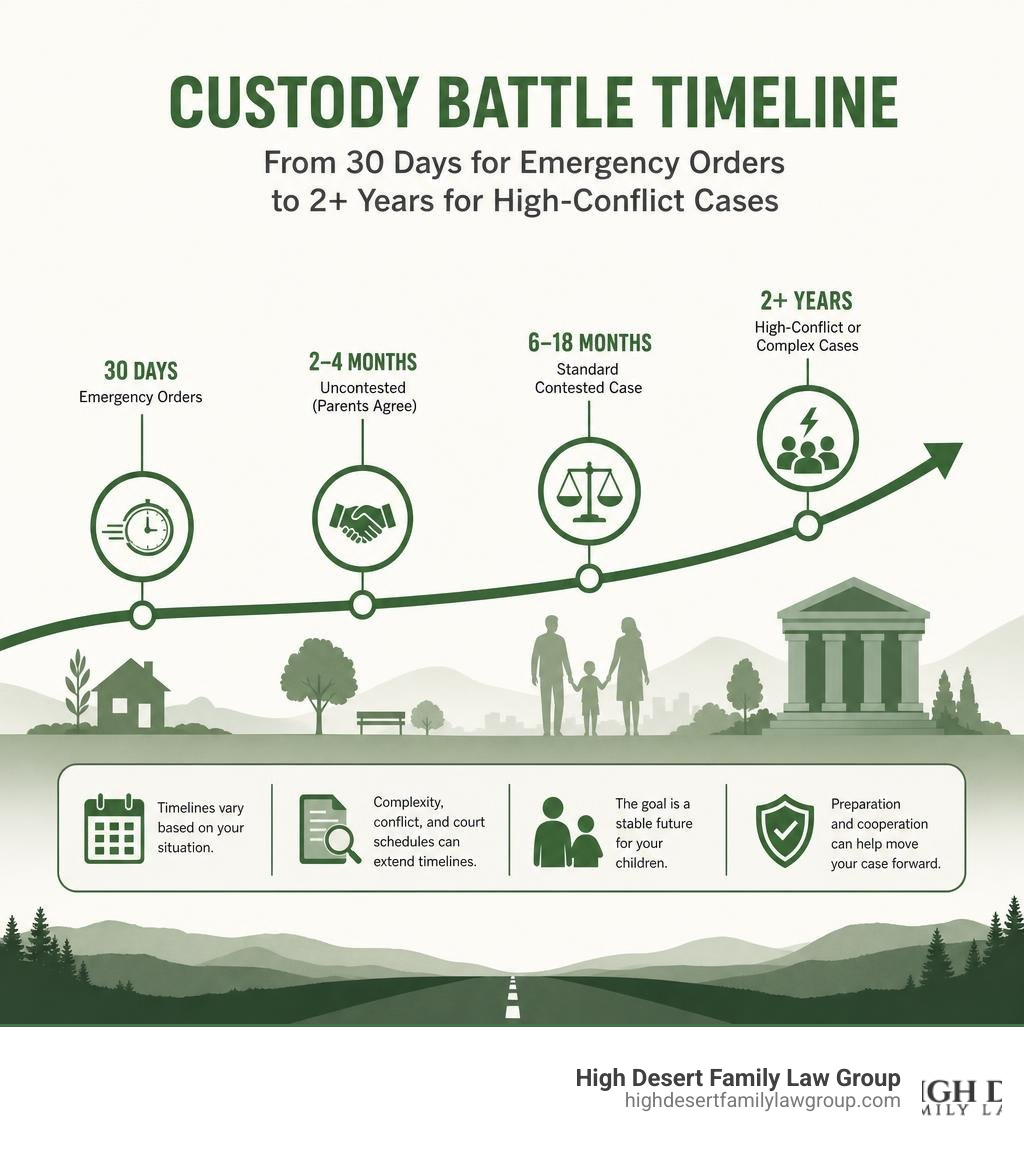 Infographic showing custody battle timeline from 30 days for emergency orders to 2+ years for high-conflict cases infographic Infographic showing custody battle timeline from 30 days for emergency orders to 2+ years for high-conflict cases infographic