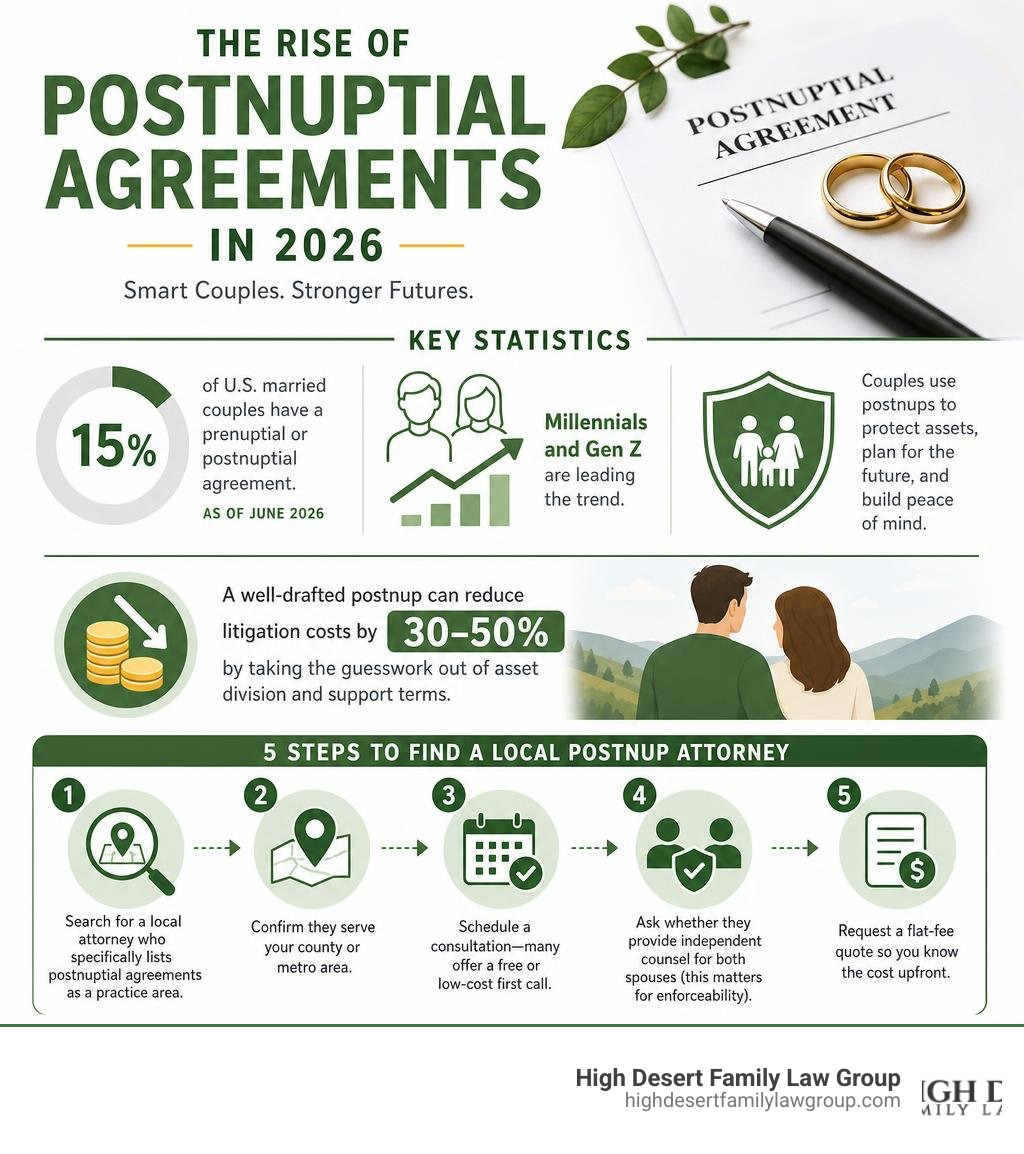 Infographic showing the rise of postnuptial agreements in 2026, key statistics, and steps to find a local attorney