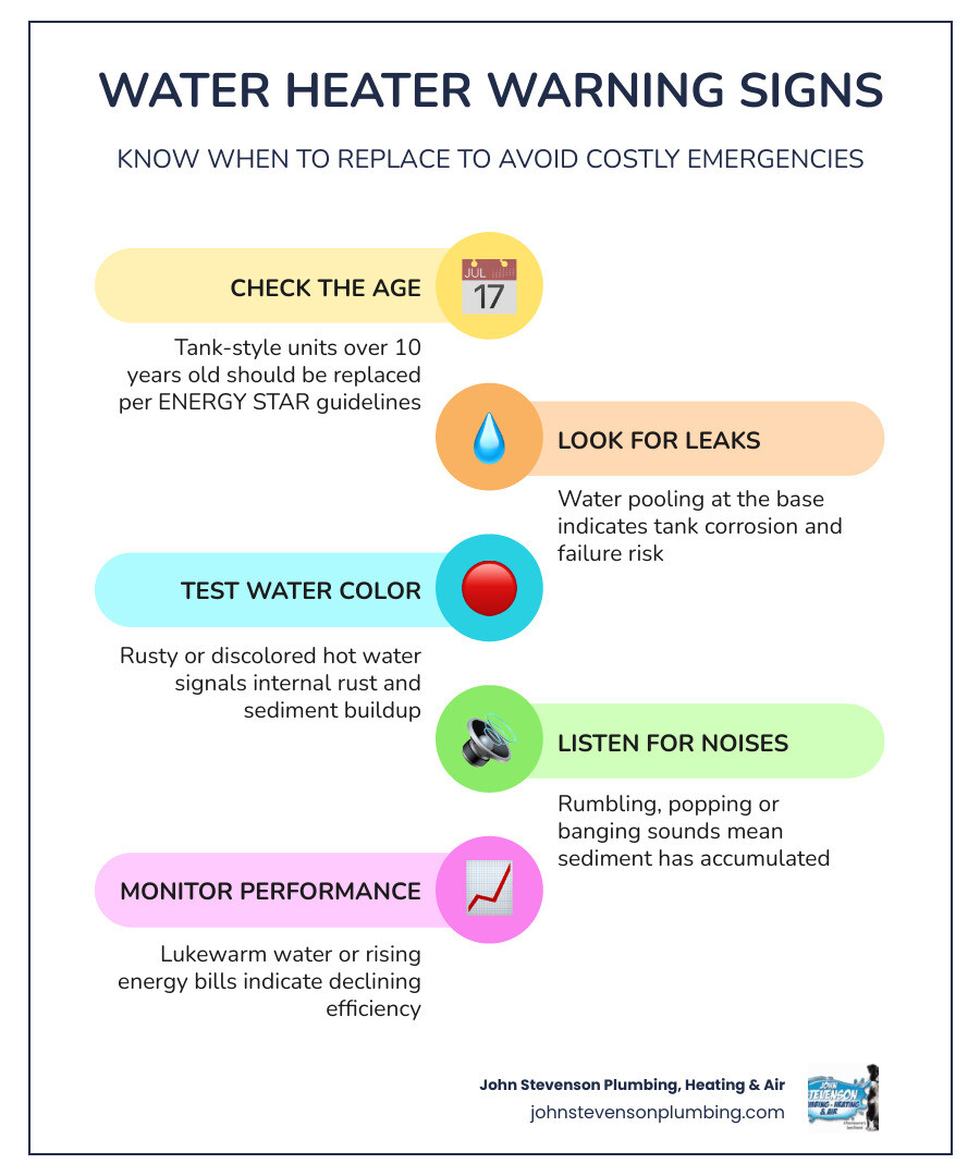 infographic showing key warning signs and age thresholds for water heater replacement infographic