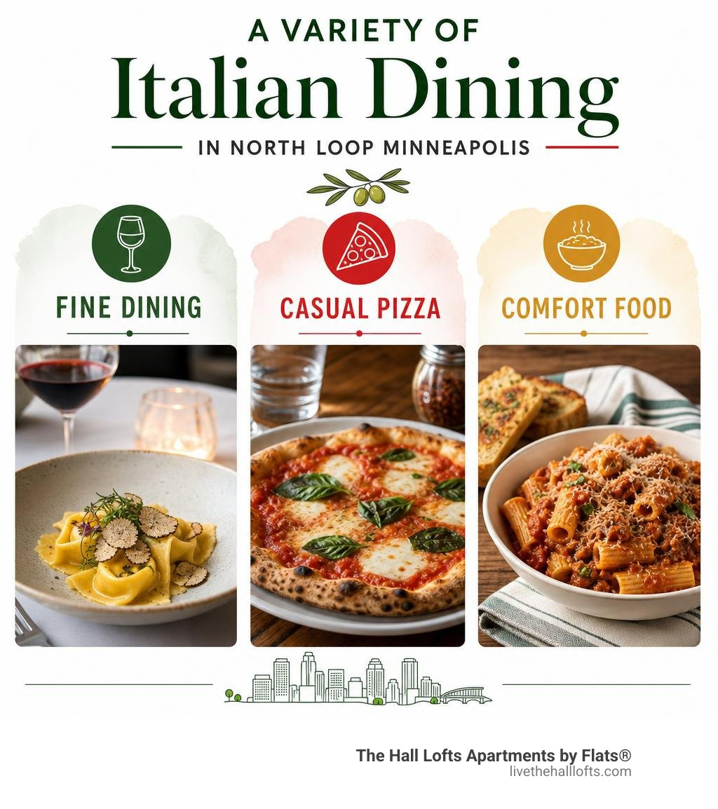 Variety of Italian dining styles in North Loop Minneapolis: fine dining, casual pizza, and comfort food infographic Variety of Italian dining styles in North Loop Minneapolis: fine dining, casual pizza, and comfort food infographic