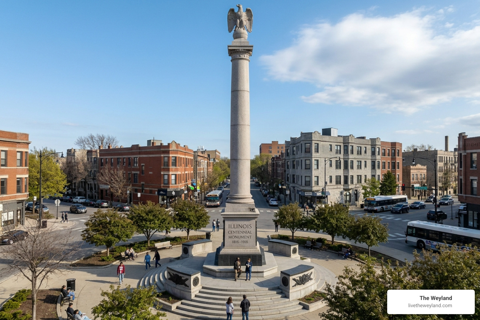 The Illinois Centennial Monument standing tall in Logan Square Chicago Illinois