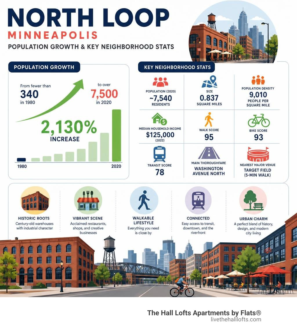 North Loop Minneapolis population growth and key neighborhood stats infographic infographic