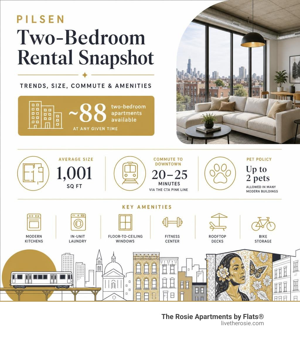 Infographic showing Pilsen two-bedroom apartment rental trends, average size, commute time, and key amenities infographic