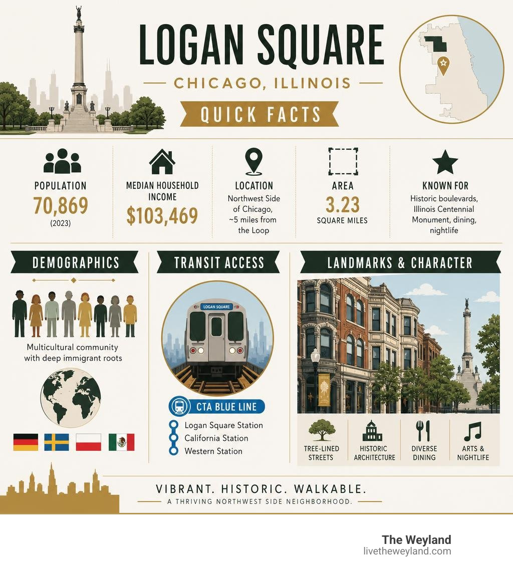 Logan Square Chicago Illinois quick facts infographic with population, demographics, transit, and landmarks infographic
