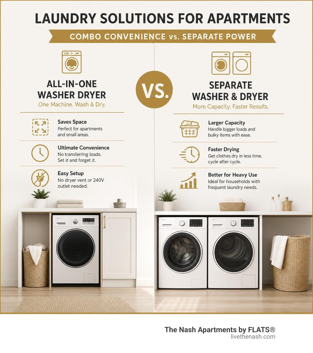 Infographic comparing washer-dryer combo benefits vs separate machines for apartments infographic