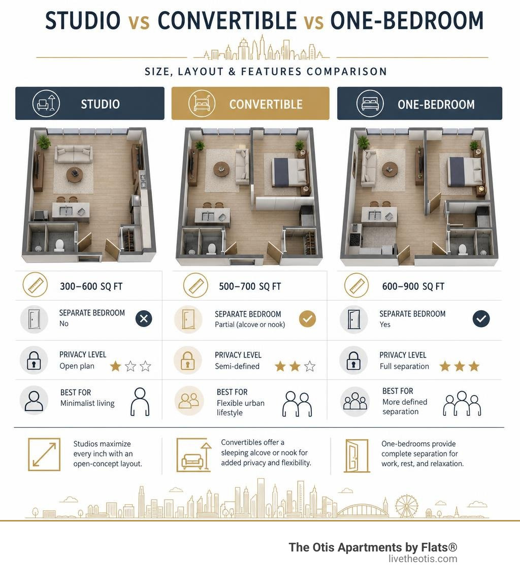 Convertible apartment vs studio vs one-bedroom size layout and features comparison infographic infographic