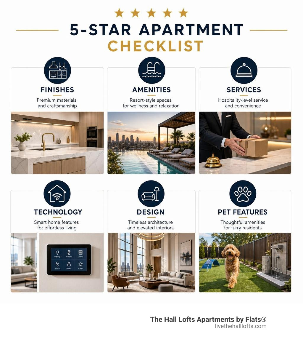 5-star apartment checklist infographic: finishes, amenities, services, tech, design, pet features infographic