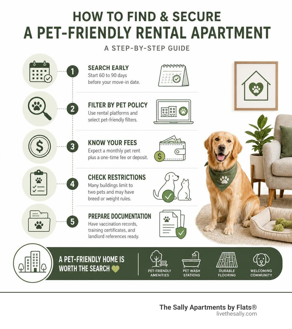 Step-by-step infographic showing how to find and secure a pet-friendly rental apartment infographic Step-by-step infographic showing how to find and secure a pet-friendly rental apartment infographic