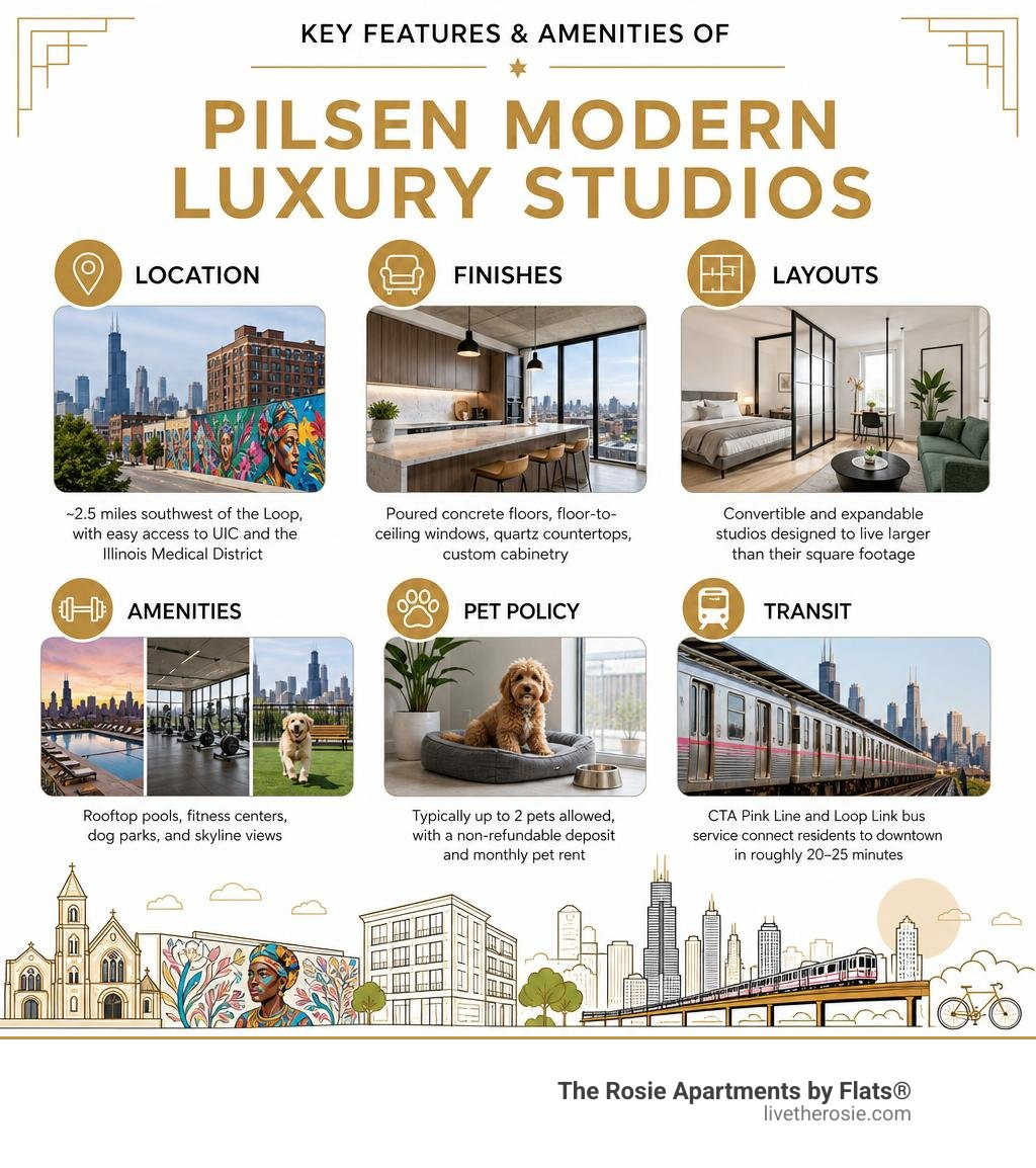 Key features and amenities of Pilsen modern luxury studios infographic infographic