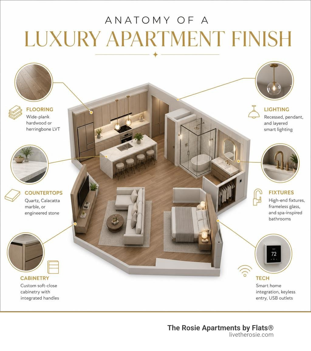 Anatomy of a luxury apartment finish: flooring, countertops, cabinetry, lighting, fixtures, tech infographic Anatomy of a luxury apartment finish: flooring, countertops, cabinetry, lighting, fixtures, tech infographic