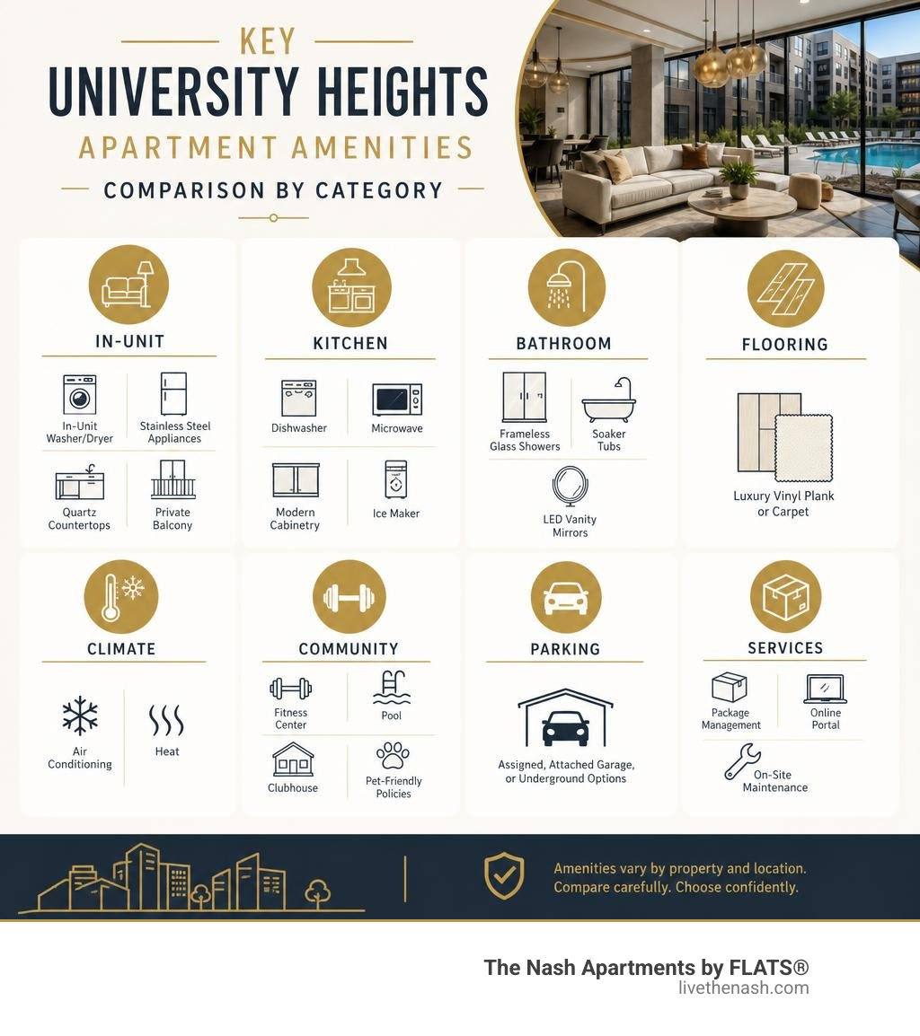 Key University Heights apartment amenities comparison infographic by category infographic
