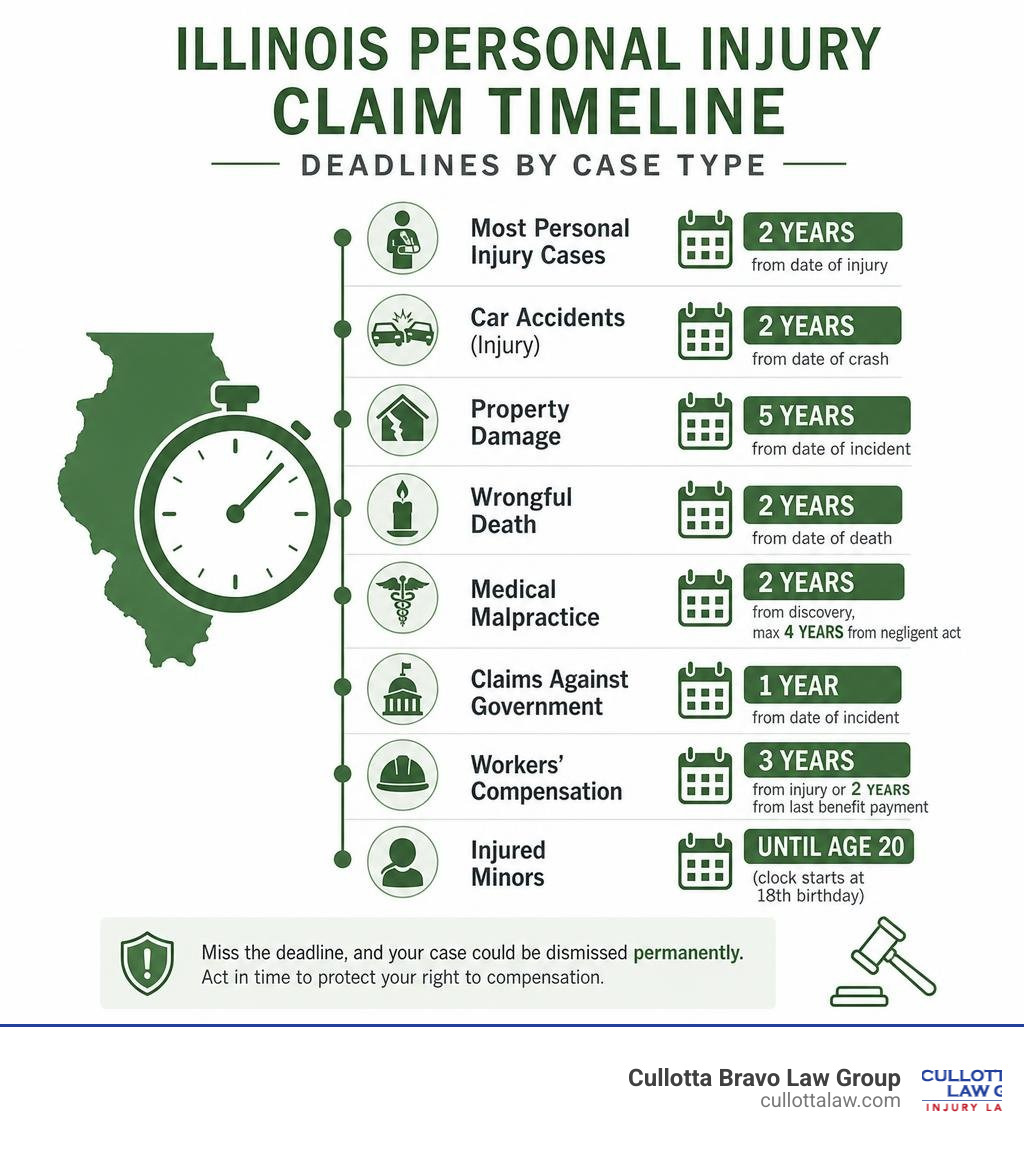 Illinois personal injury claim timeline infographic showing deadlines by case type infographic