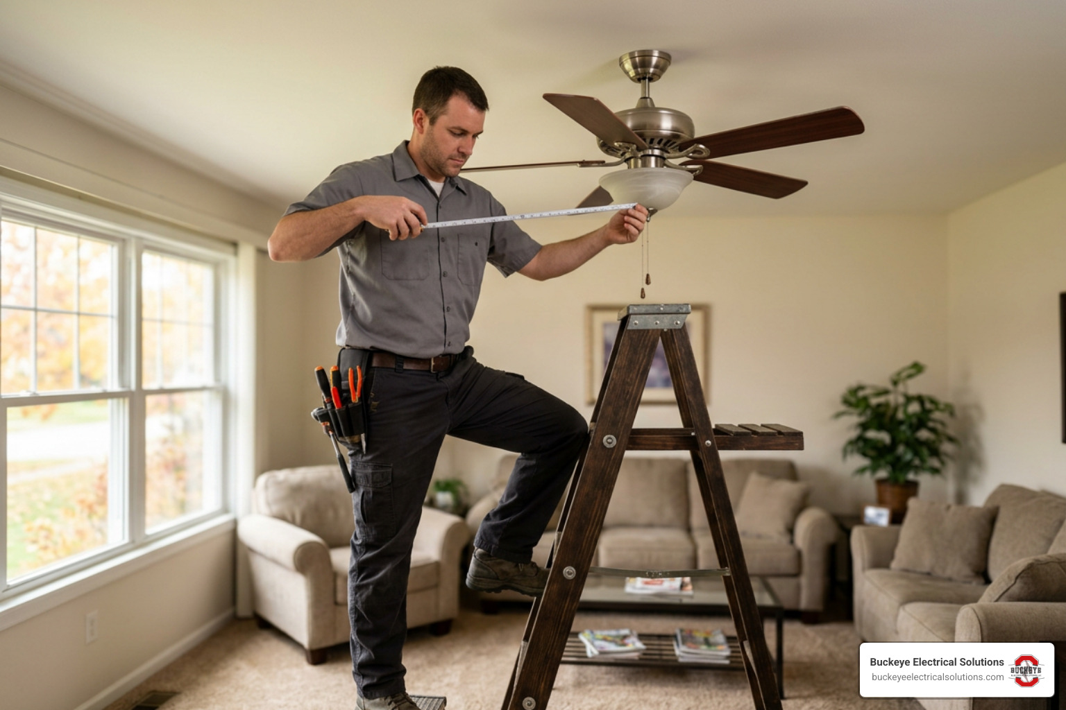 An Ohio technician measuring a ceiling fan blade span for proper room sizing