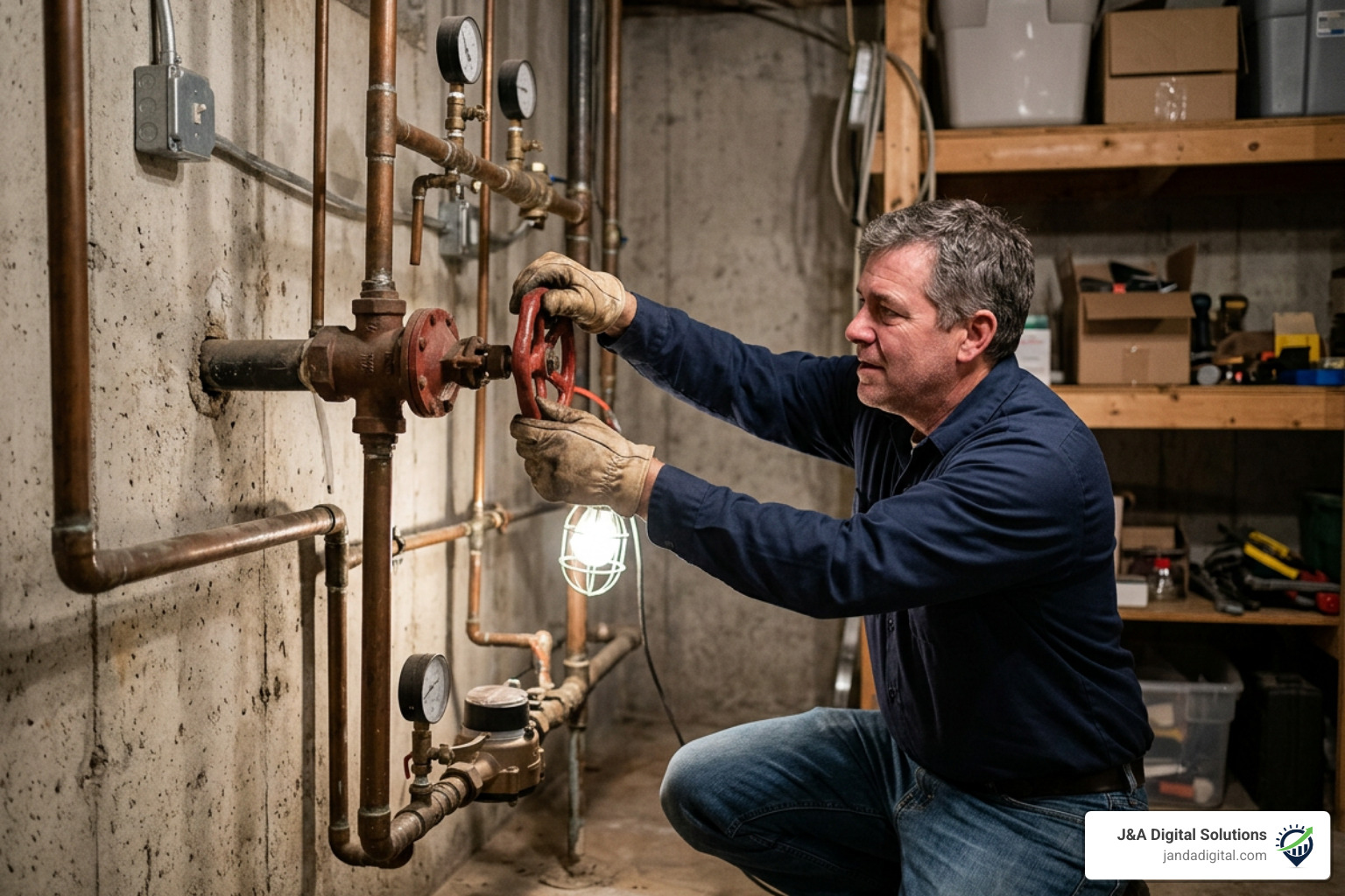 Homeowner turning off the main water shutoff valve in basement
