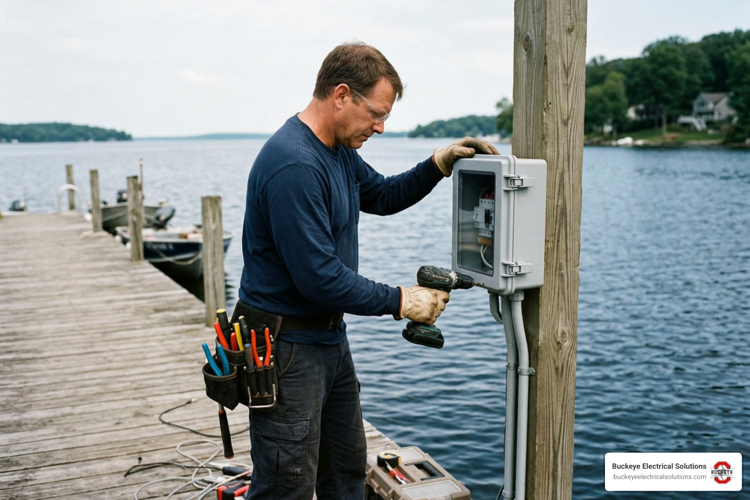 Ohio electrician in safety gear installing a NEMA 4 waterproof electrical enclosure on a dock