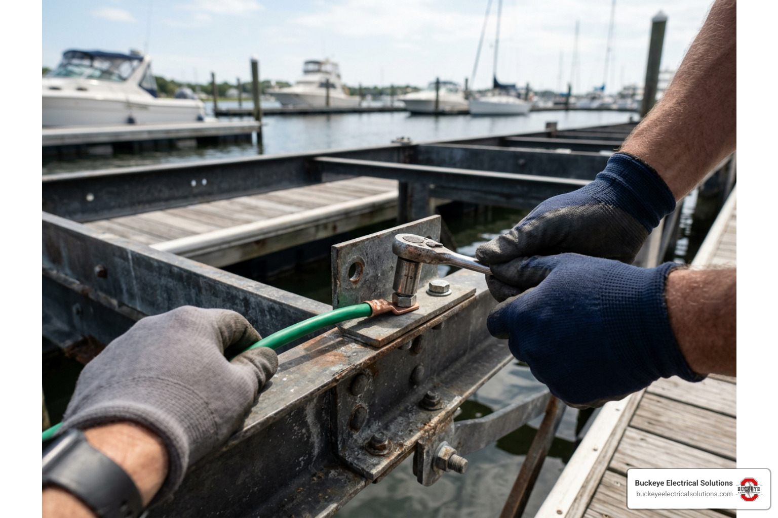 Close-up of two hands using specific tools to install bonding jumpers on a metal dock frame
