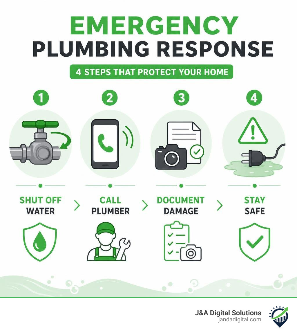 Emergency plumbing response steps infographic: shut off water, call plumber, document damage, stay safe infographic