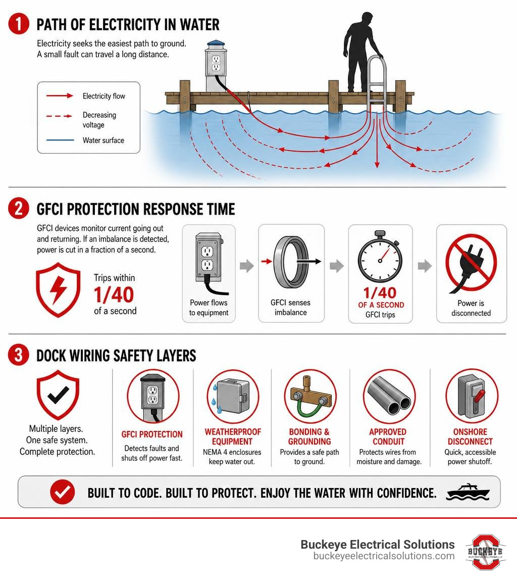 Infographic showing path of electricity in water, GFCI protection response time, and dock wiring safety layers infographic