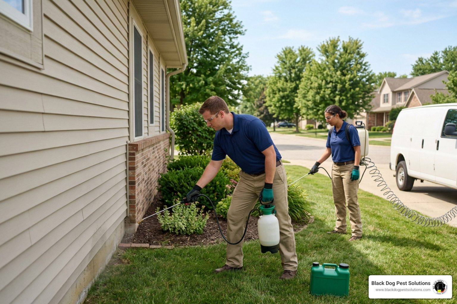 Professional pest control technicians in Avon performing a perimeter insecticide treatment Professional pest control technicians in Avon performing a perimeter insecticide treatment