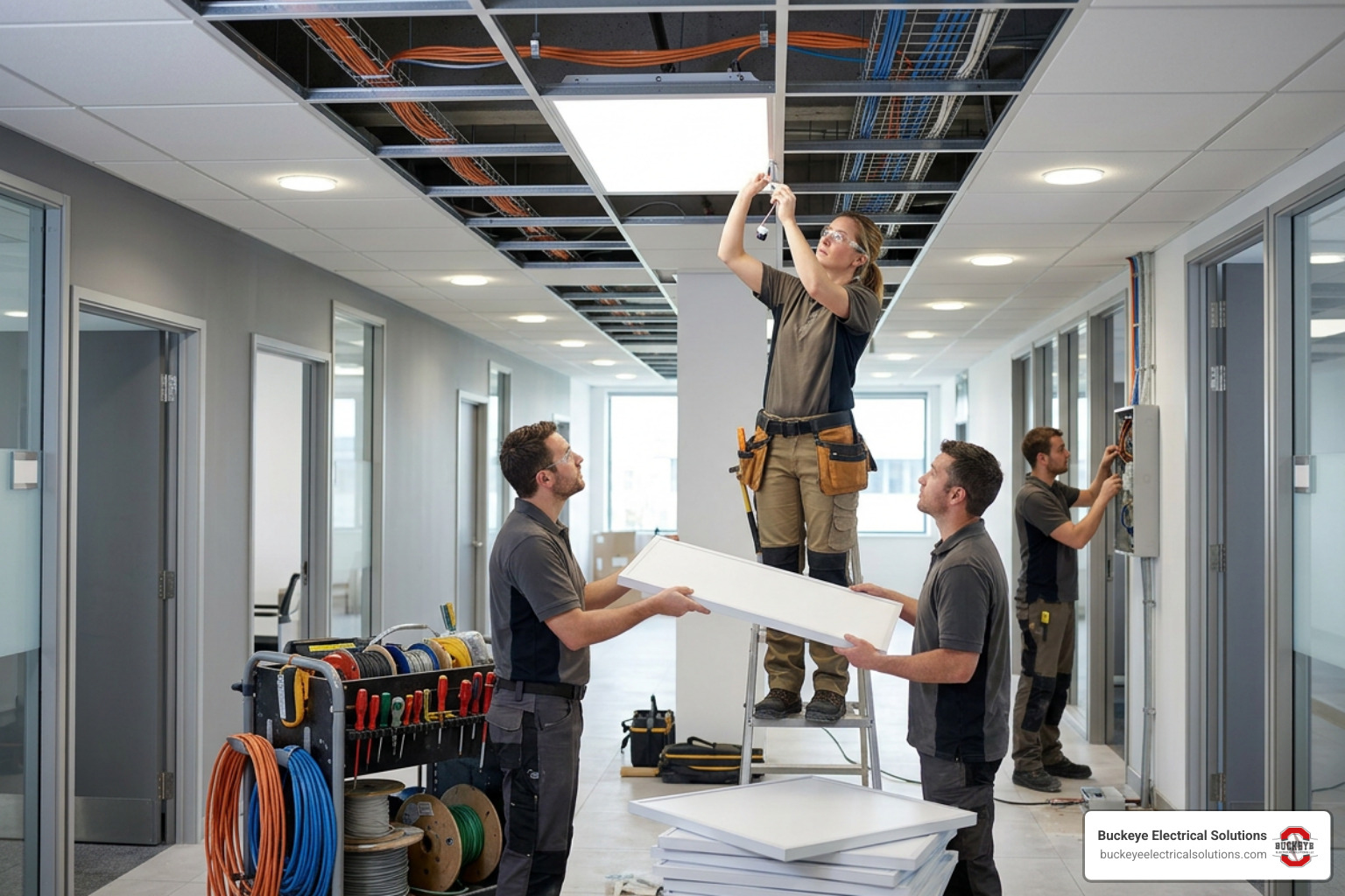 Modern commercial warehouse interior showing bright, energy-efficient LED high-bay lighting installations