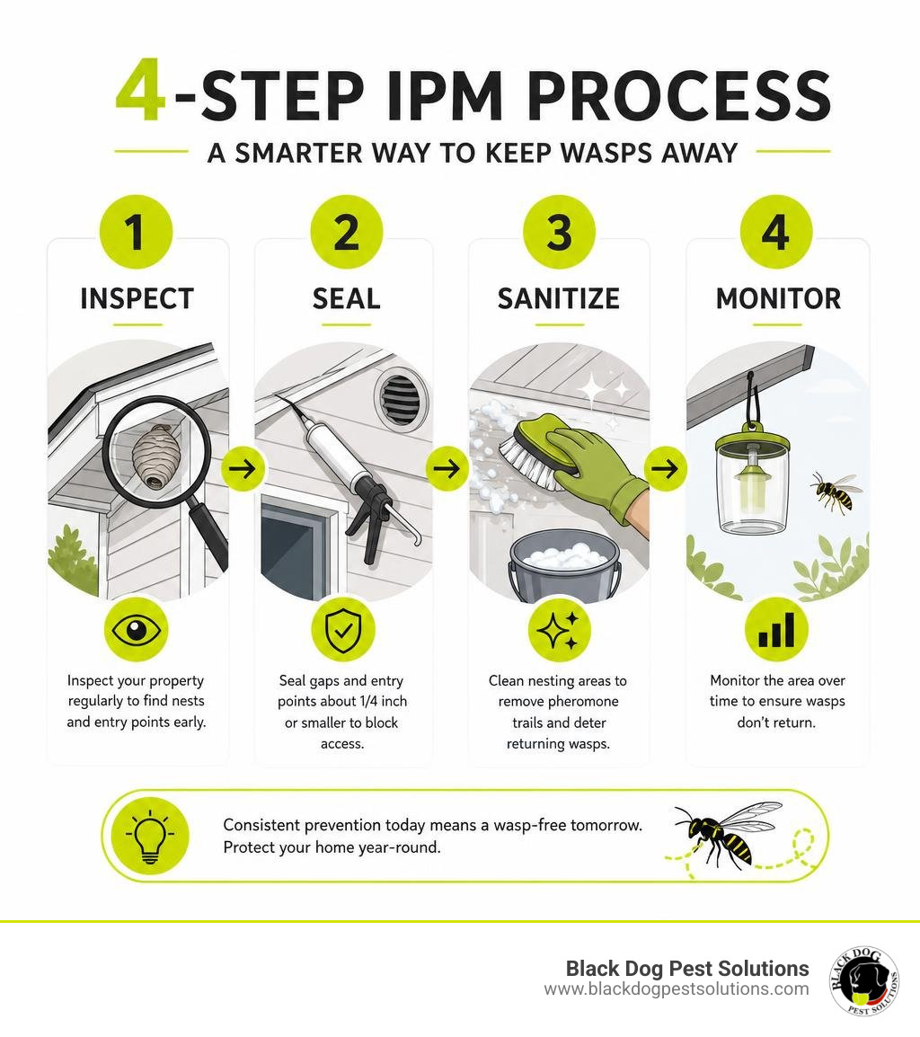 4-step IPM process infographic showing inspect, seal, sanitize, and monitor infographic 4-step IPM process infographic showing inspect, seal, sanitize, and monitor infographic