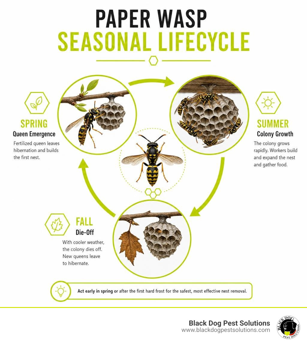 Paper wasp seasonal lifecycle infographic showing spring queen emergence, summer colony growth, and fall die-off infographic Paper wasp seasonal lifecycle infographic showing spring queen emergence, summer colony growth, and fall die-off infographic