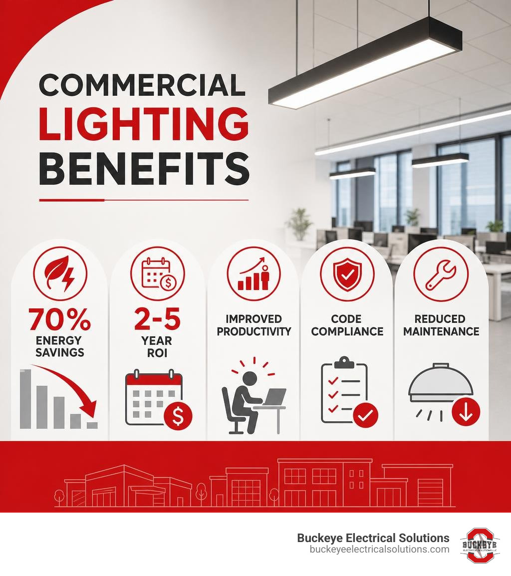 Infographic showing commercial lighting benefits: 70% energy savings, 2-5 year ROI, improved productivity, code compliance