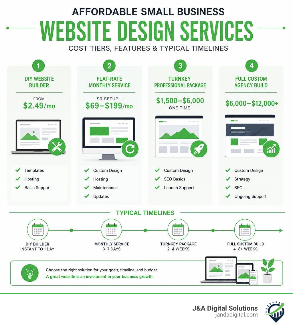 Infographic showing affordable small business website design cost tiers, features, and typical timelines infographic Infographic showing affordable small business website design cost tiers, features, and typical timelines infographic