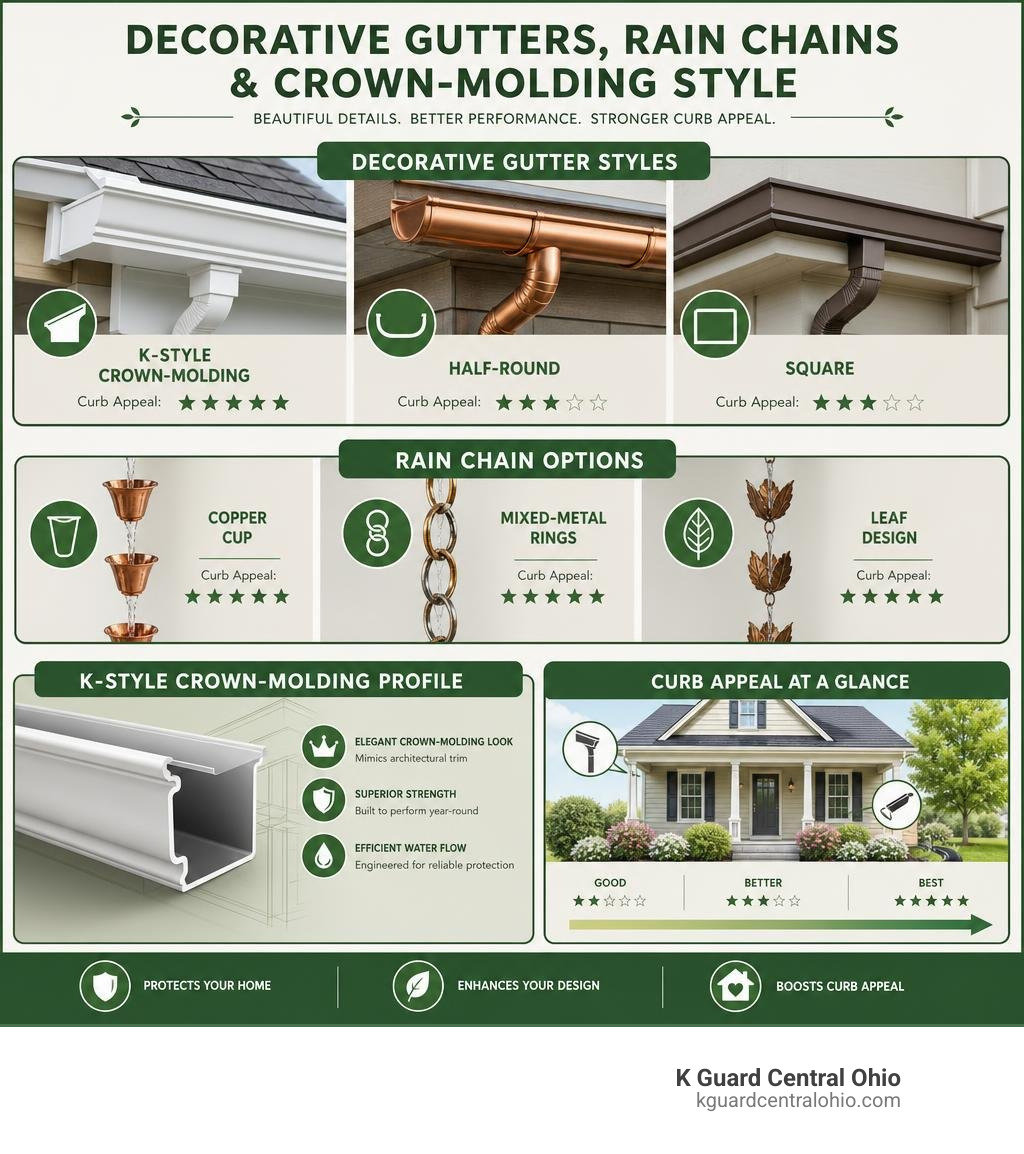 Infographic showing decorative gutter styles, rain chain options, and K-Guard crown-molding profile with curb appeal ratings