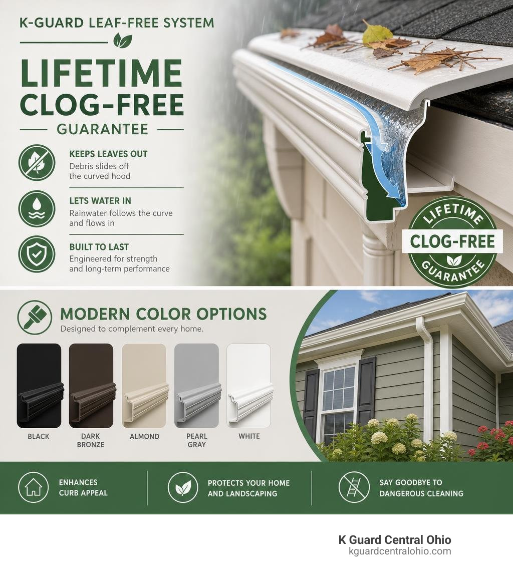 Infographic showcasing the K-Guard leaf-free system's lifetime clog-free guarantee and modern color options infographic