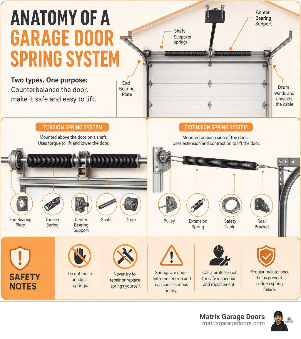 Anatomy of a garage door spring system with torsion and extension spring labels and safety notes infographic