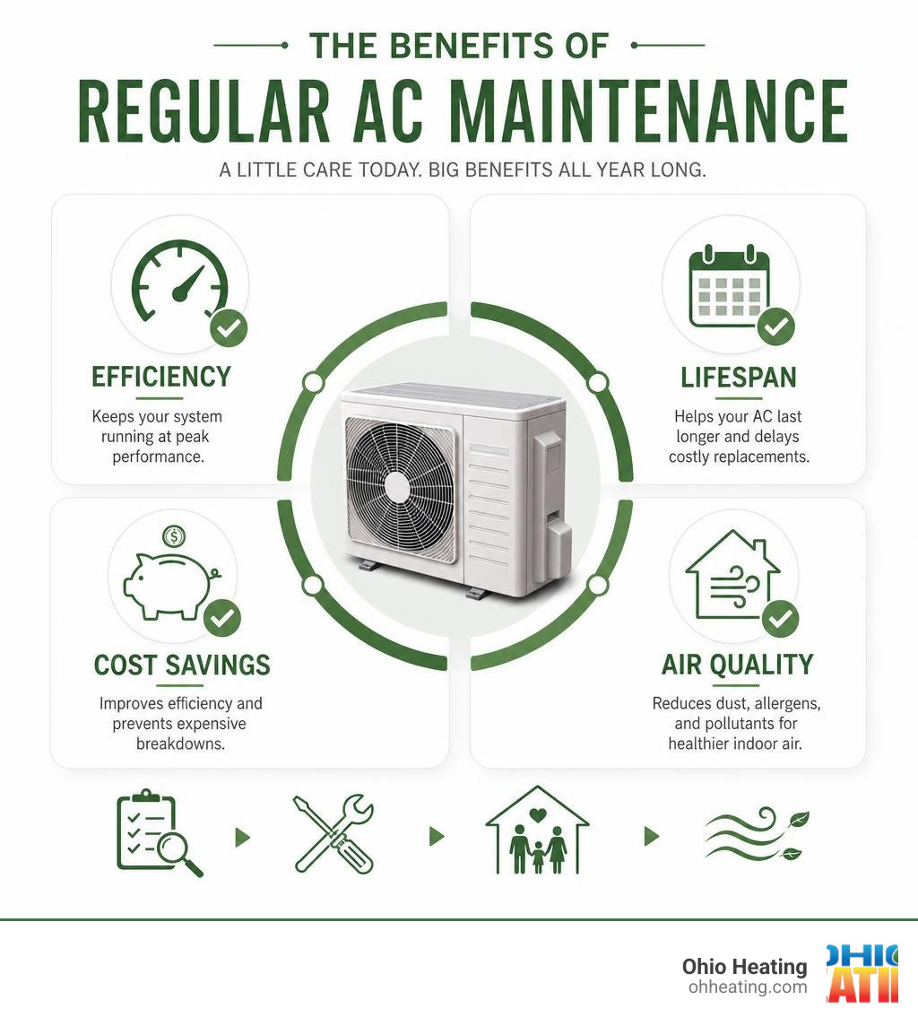 Benefits of regular AC maintenance: efficiency, lifespan, cost savings, and air quality overview infographic