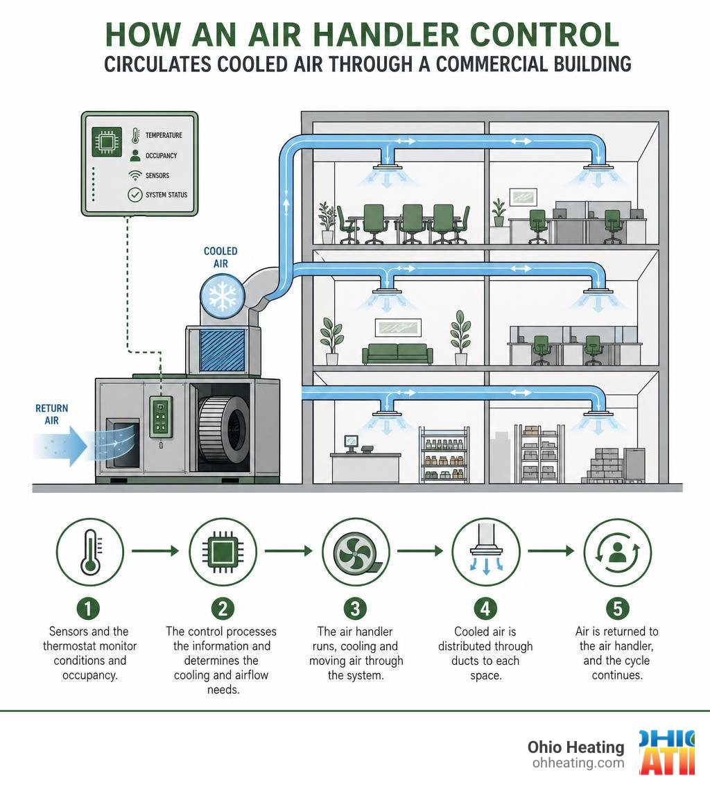 Infographic showing how an air handler control circulates cooled air through a commercial building infographic Infographic showing how an air handler control circulates cooled air through a commercial building infographic