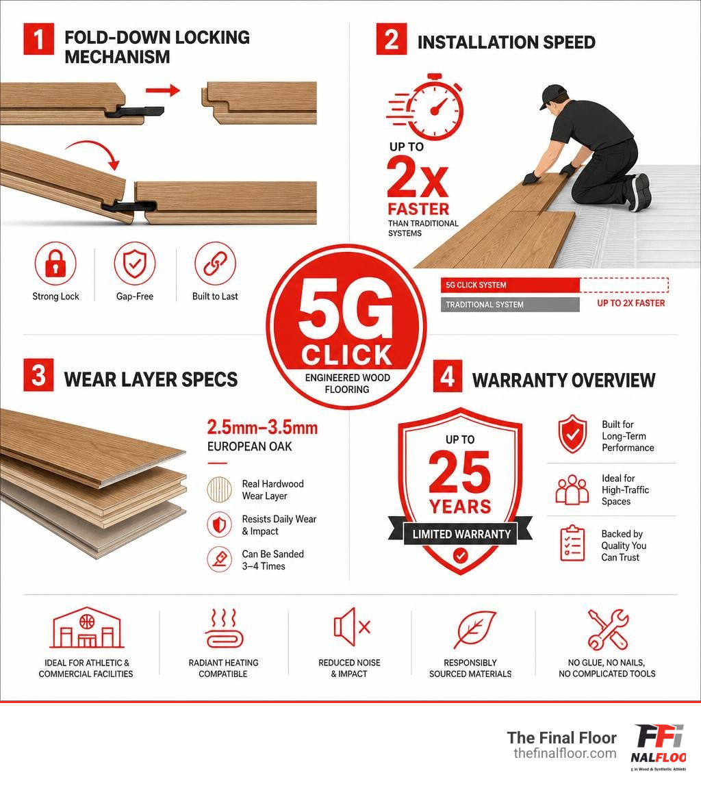 Infographic showing 5G click fold-down locking mechanism, installation speed, wear layer specs, and warranty overview Infographic showing 5G click fold-down locking mechanism, installation speed, wear layer specs, and warranty overview