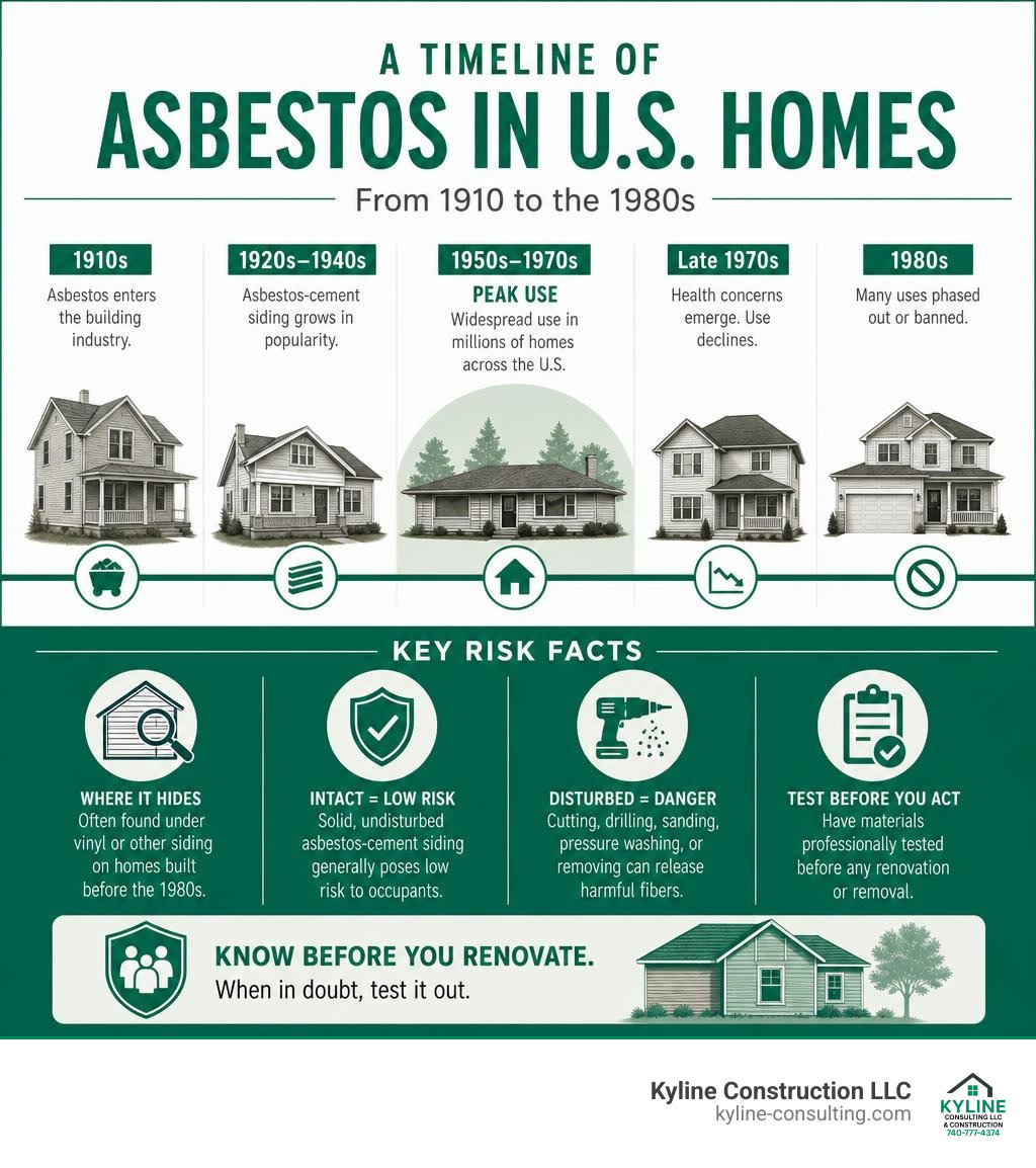 Infographic showing timeline of residential asbestos use in US homes 1910 to 1980s with key risk facts infographic