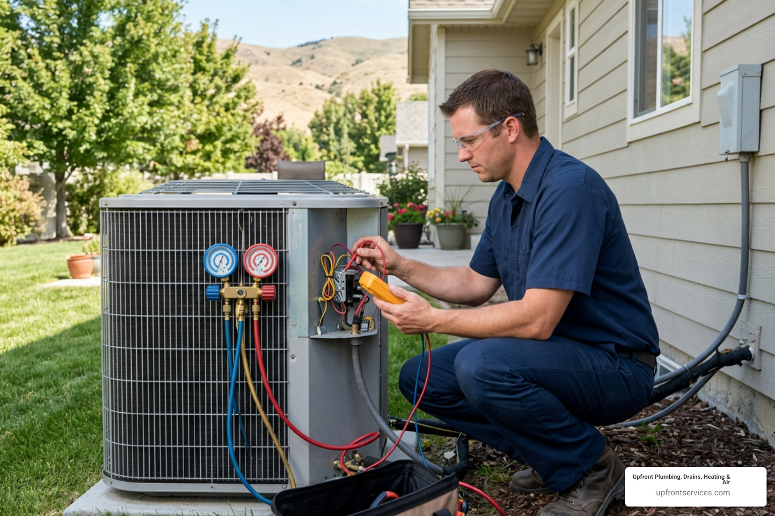 Technician performing system diagnostics on a home AC unit in Boise Technician performing system diagnostics on a home AC unit in Boise