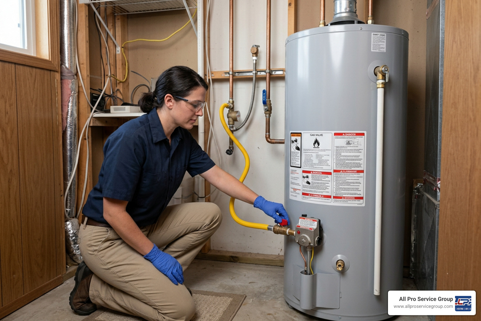 A homeowner safely wearing gloves and checking the gas valve on a water heater A homeowner safely wearing gloves and checking the gas valve on a water heater