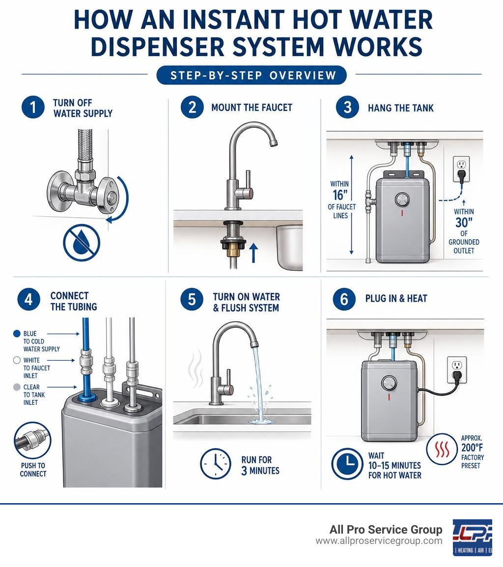 Step-by-step overview of how an InSinkErator instant hot water dispenser system works infographic