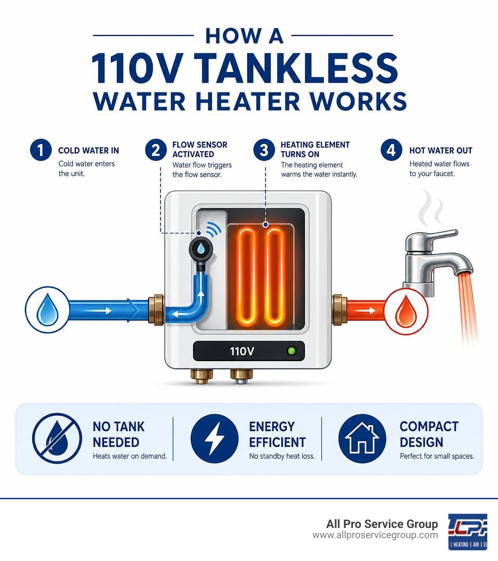 Infographic showing how a 110V tankless water heater works: flow sensor activates heating element, cold water in, hot water