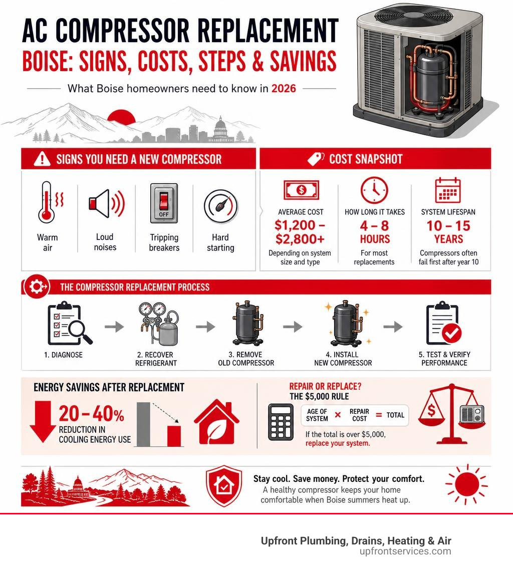 Infographic showing AC compressor replacement Boise signs costs steps and savings infographic Infographic showing AC compressor replacement Boise signs costs steps and savings infographic