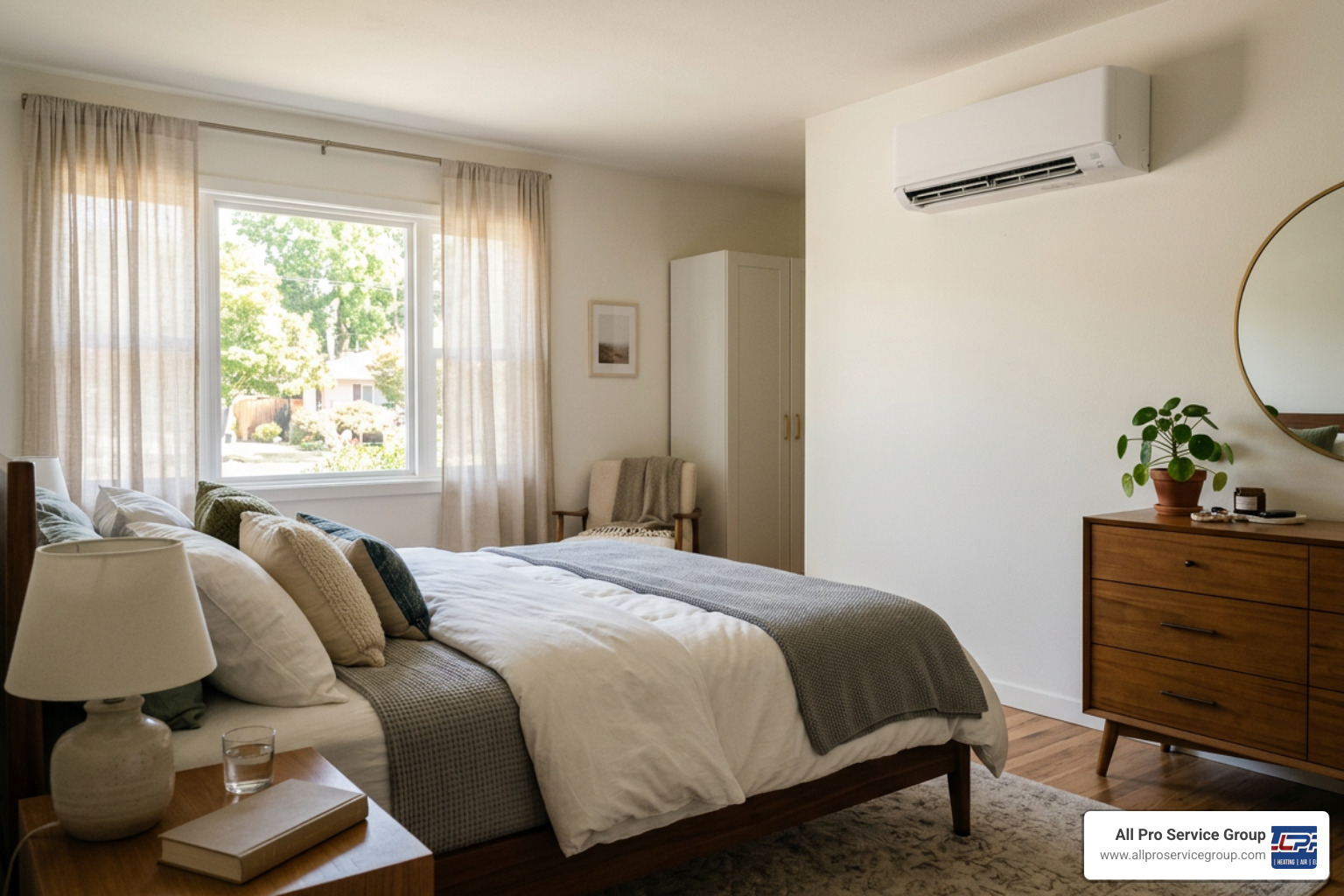 Cozy bedroom with a sleek wall-mounted mini split unit