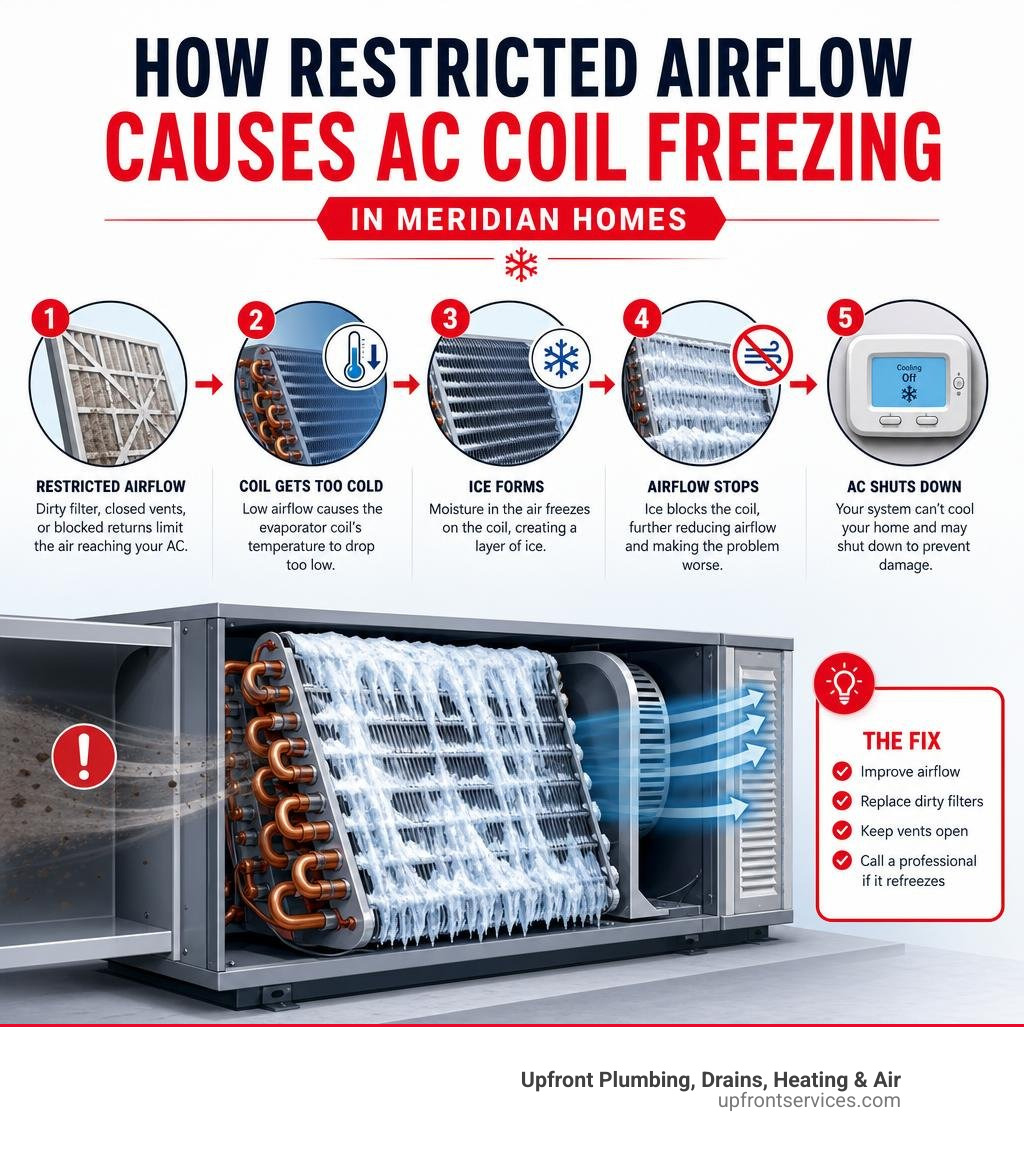Infographic showing how restricted airflow causes AC coil freezing in Meridian homes infographic