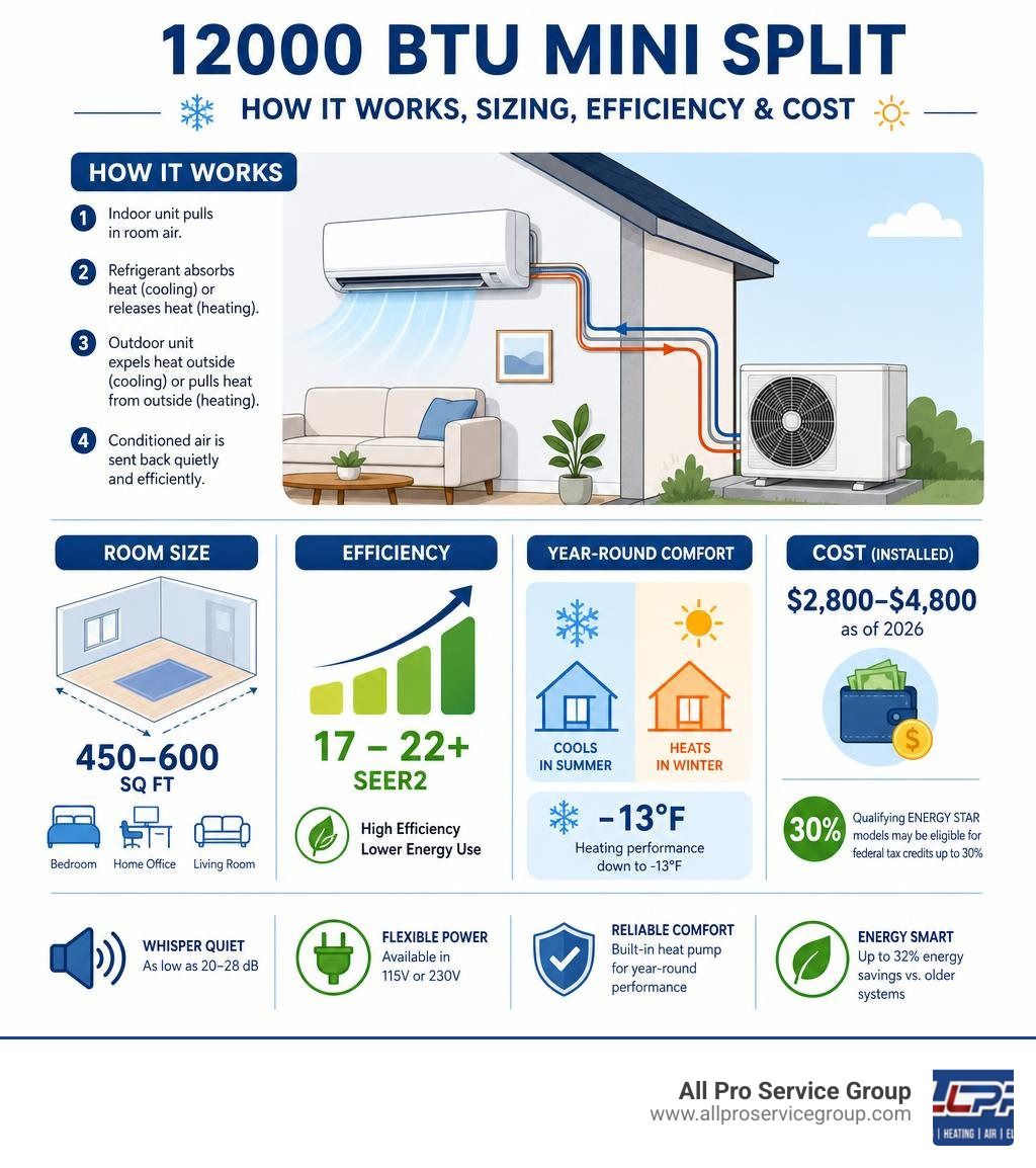 Infographic showing how a 12000 BTU ductless mini split works, room sizing, efficiency ratings, and cost infographic
