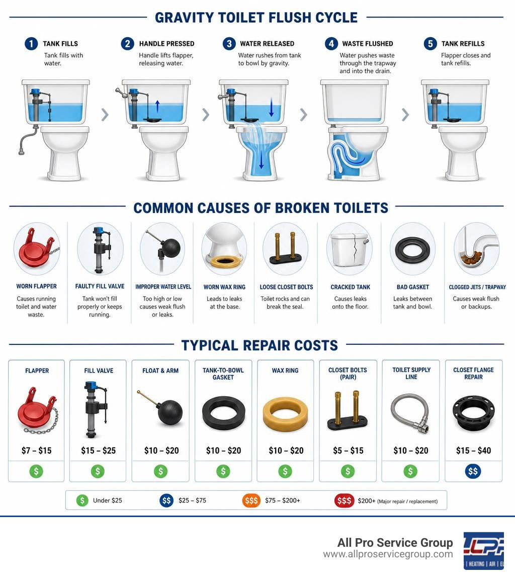 infographic showing gravity toilet flush cycle causes of broken toilet and typical repair costs infographic